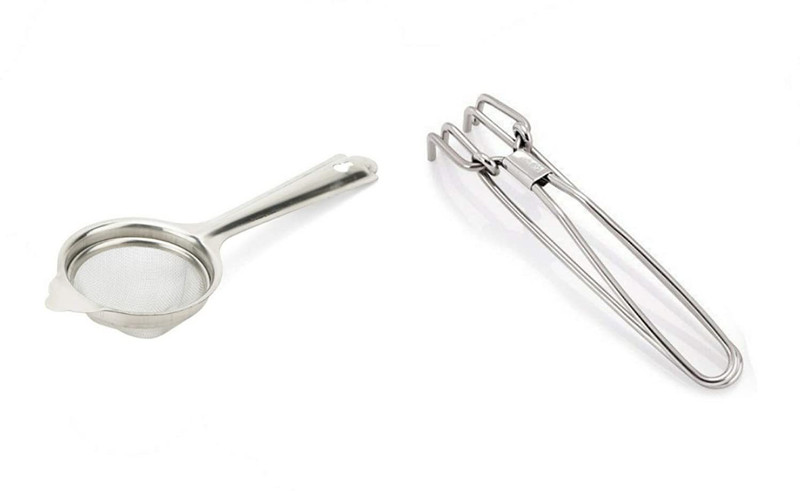 TACHI Stainless Steel Pakkad Plain Utility Wire Tong, Tea Strainer Chalni Small Size Kitchen Tool Set(Silver, Spatula, Strainer)