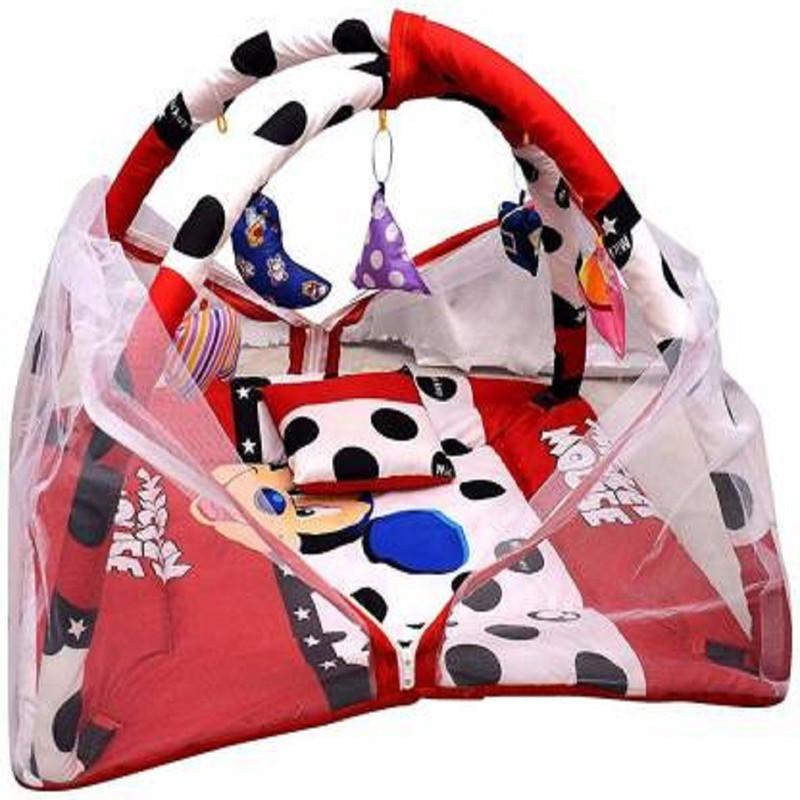 moms angel Mosquito Protector Comfy Baby Sleeping Mosquito Net Play gym Bed with Pillow and Hanging Toys-Red, (Mickey Mouse Print) Cotton Washable Infants Mosquito Net(Red, Tent)