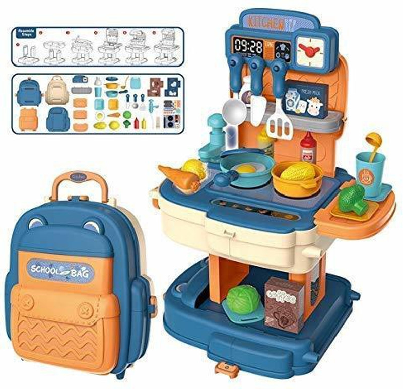 himanshu tex 34 Piece School Bag Packing Pretend Play Cooking Game Modern Children Kitchen Set Toy for Kids Girls