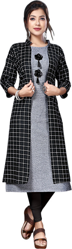 anushansa Women Printed Straight Kurta(Grey, Black) anushansa Women Printed Straight Kurta(Grey, Black)