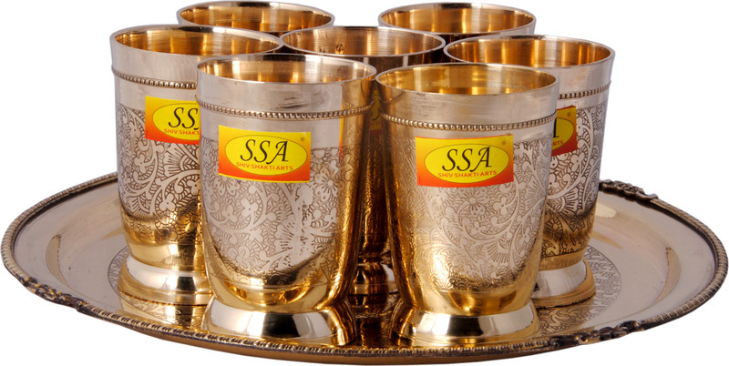 Shivshakti Arts Pure Brass Glass Set With Plate Serving Purpose - Drinkware - Dinnerware, Tableware (Embossed Karvi Design, 7 Glass In 1 Plate Set) Glass Tray Set(Brass)
