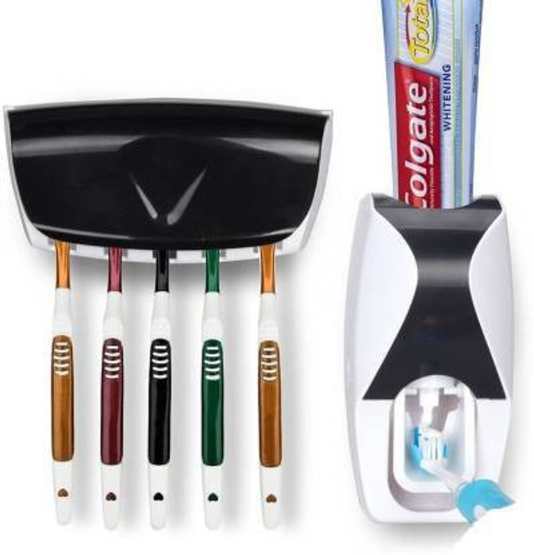 K S TRADING Hands Free Wall Mounted Plastic Automatic Toothpaste Squeezer Dispenser with 5 Hole Toothbrush Holder Toothbrush Case