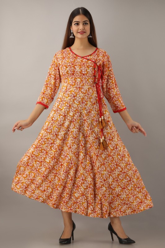 JFT Jaipur Fabtex Women Printed Ethnic Dress Kurta(Orange)