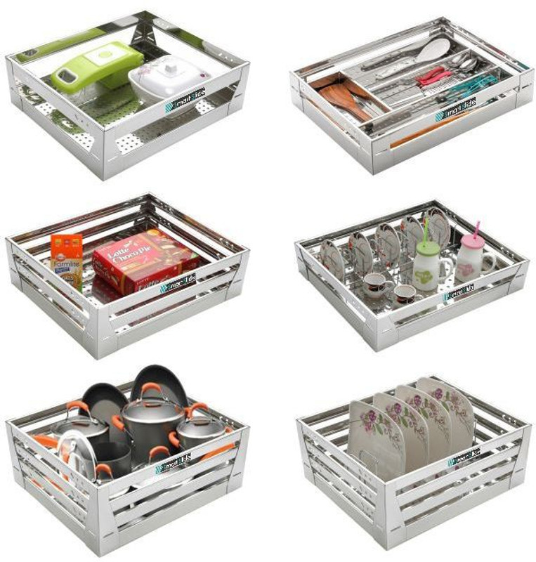 SMART SLIDE Utensil Kitchen Rack Steel Stainless Steel 17 x 22 inch Plain Kitchen basket/Modular Kitchen basket/Kitchen trolley/Kitchen Drawer /Storage Basket for Kitchen Utensil (Pack of 6)