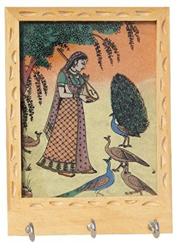 Vivan Creation Real Gemstone Pine Wood Ragini With Dancing Peacock Desig Wood Key Holder(3 Hooks, Multicolor)
