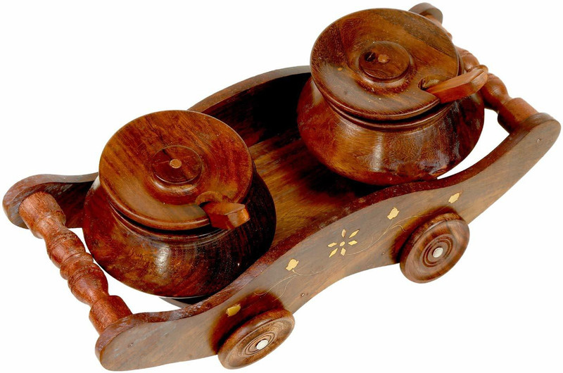 ARTANDCRAFTINDIA Wooden 2 Jar with Trolly Tray, Spoon Serving Set