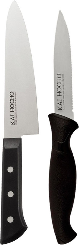 Kai 2 Pc Stainless Steel Knife Set Premium and Micro, Stainless Steel Chef and Kitchen Knife,Serrated Knife set, 12.2, 9.6 Cm Blade,Black and Silver (Pack of 2)