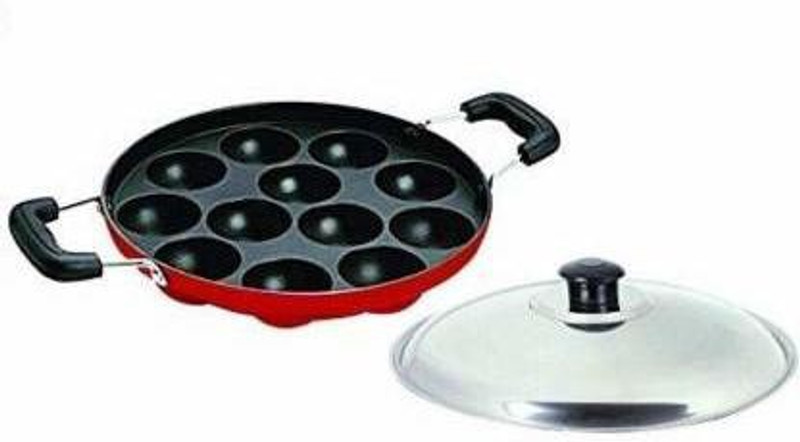 NSVL Non Stick 12 Cavity Appam Patra Handle with Lid Paniarakkal Pan 24 cm diameter with Lid 0.25 L capacity(Aluminium, Non-stick)