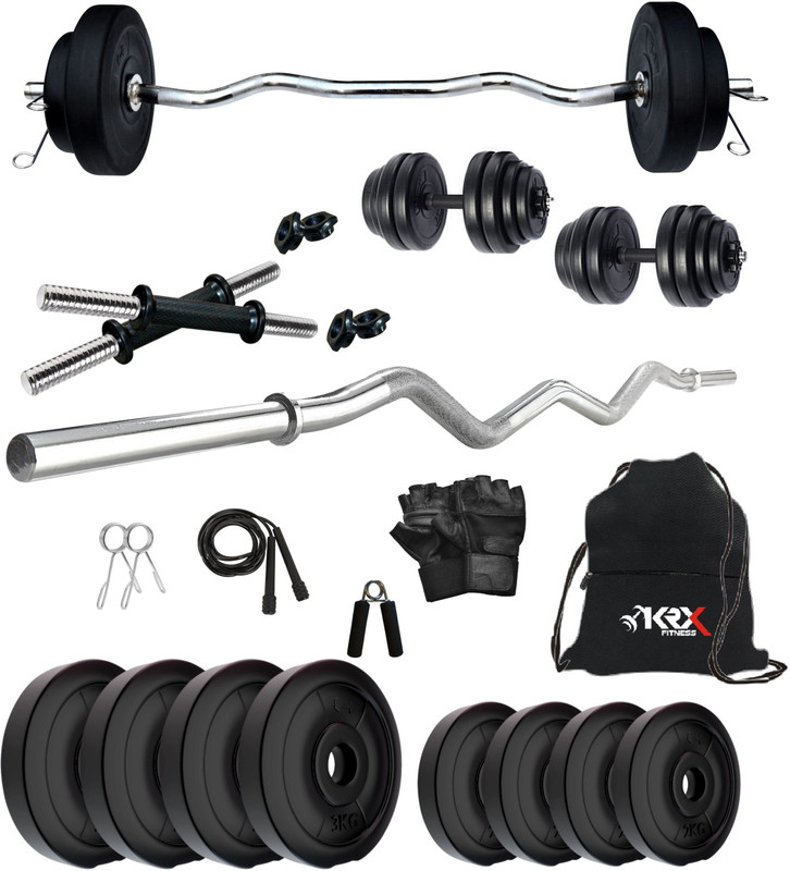 KRX 20 kg PVC 20 Kg with One 3 Ft Curl Rod and One Pair Dumbbell Rods with gym Accessories Home Gym Combo