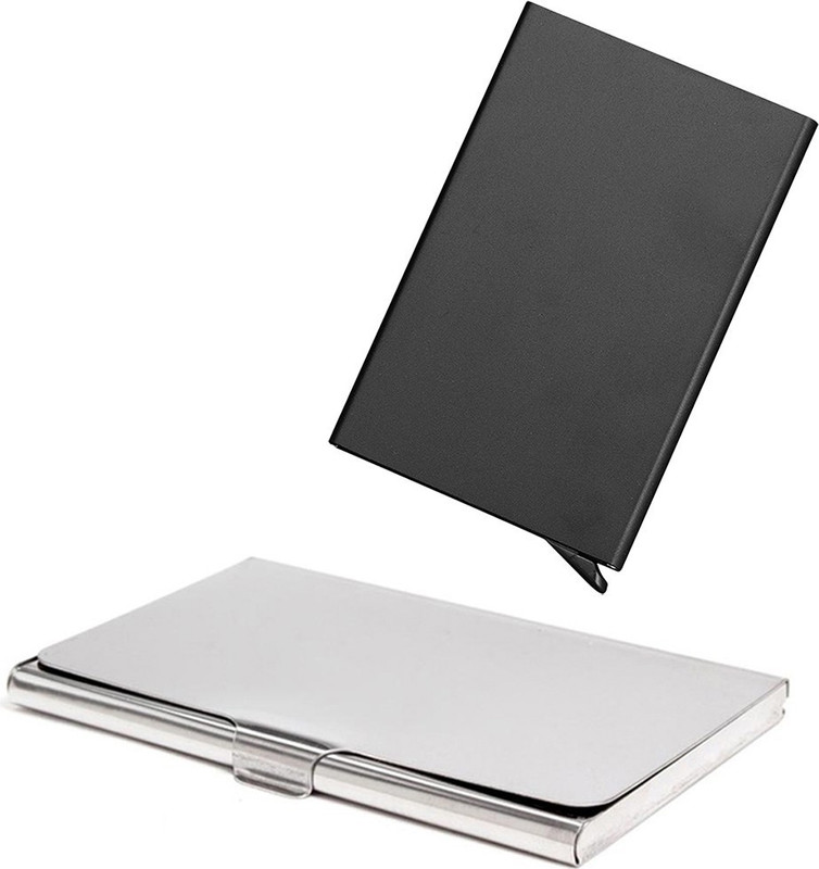StealODeal Black Automatic Pop-Up RFID Case With Silver Stainless Steel 8 Card Holder(Set of 2, Silver, Black)