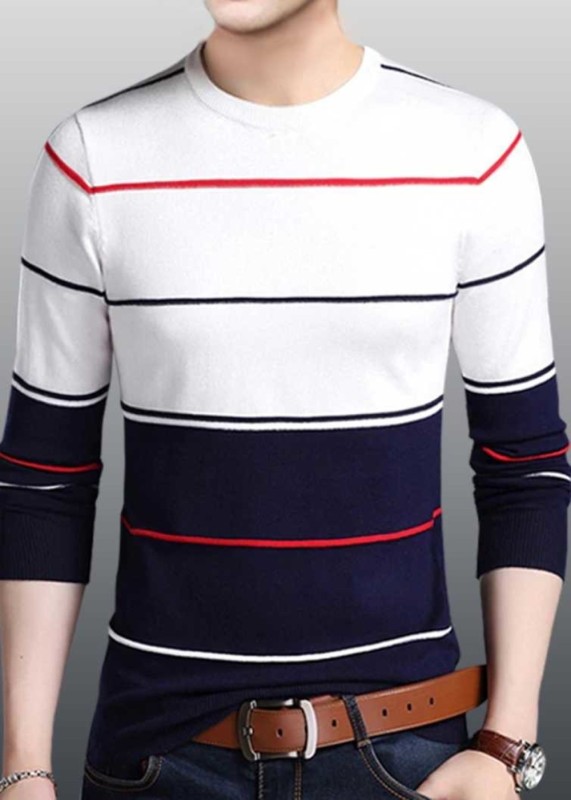 Try This Colorblock Men Round Neck White, Blue T-Shirt