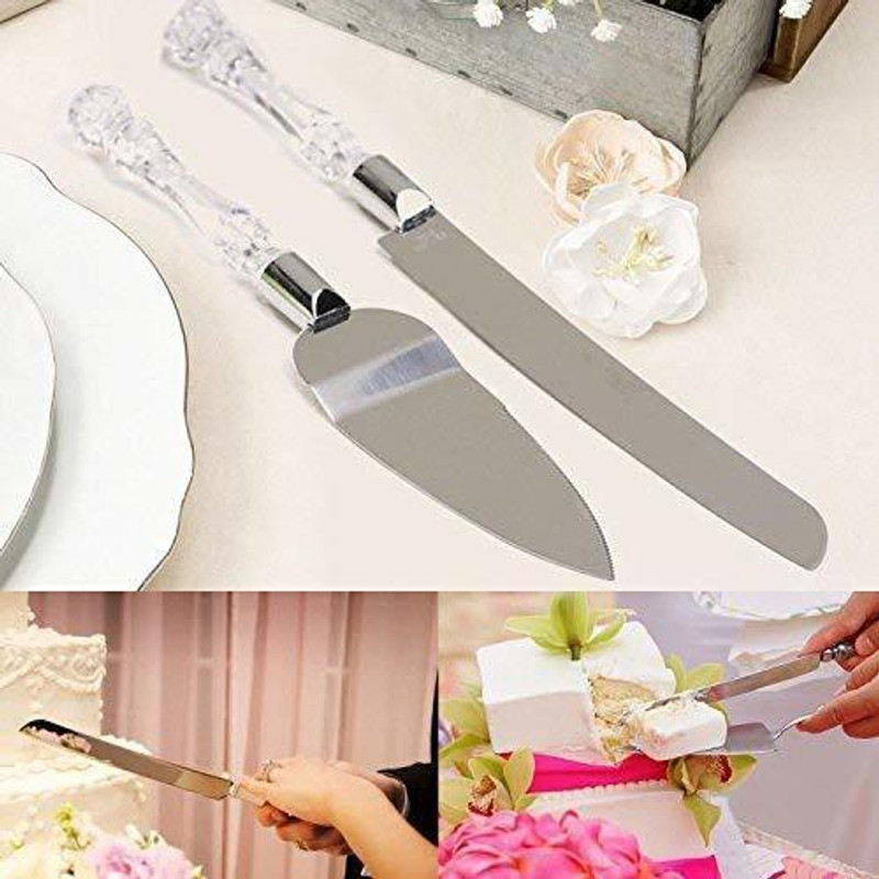 CRAZYABBS Cake Knife and Cake Server Set with Acrylic Handle Slicer Cutter Steel Cake Server(Clear, Pack of 2)