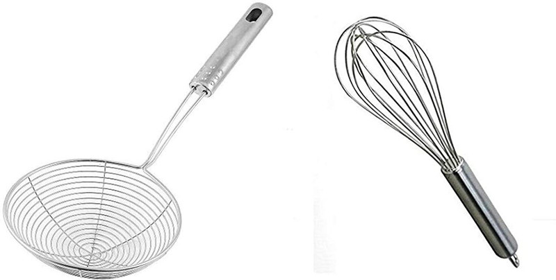 Aric Steel Hand Blender Mixer Froth Whisker Latte Maker for Milk Coffee Egg Beater Juice (9 Inches) and Trading Stainless Steel Deep Fryer Strainer/Mesh Strainer/Jhara/Puri Strainer for Kitchen Sieve (14 cm ) (Steel Pack of 2) Strainer(Silver Pack of 2)