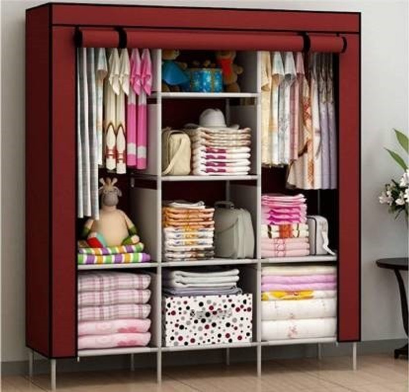 FurniGully 8 SHELVS PORTABLE PVC Collapsible Wardrobe(Finish Color - wine red, DIY(Do-It-Yourself))