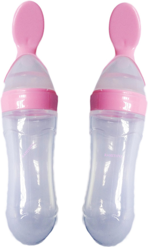 Rahithya Squeeze Silicone Semi Liquid Food Feeding Spoon with Bottle for baby 90 ML  - Food Grade Silicone Bottle, Edgeless Plastic Spoon (BPA Free)(All Pink)