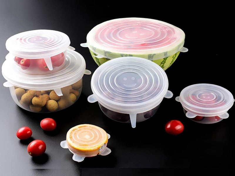 Bluwings 6Pcs Stretchable Reusable Cover for Bowls Plate Mug Bottle Jar Cans food Safely Flexible Food Wrap 8.07 inch Lid Set, Pack of 6(Silicone)