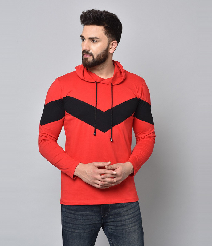 KAY DEE Color Block Men Hooded Neck Red T-Shirt KAY DEE Color Block Men Hooded Neck Red T-Shirt