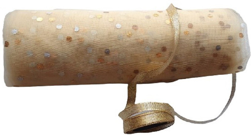 Upyukat Silver Golden Dotted Net Fabric/ Cloth 8 meters long and 44 inches in width along with a golden ribbon roll (12.5 mm width) for Birthday/ Party/ Festive Decoration, Gift Wrapping, Art and Craft projects, Home Décor