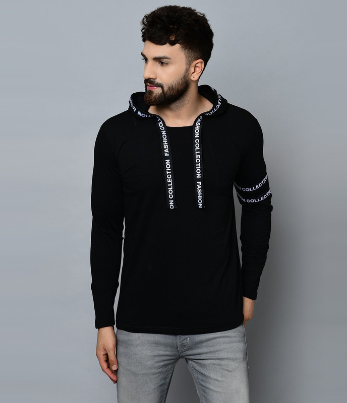 Kay Dee Solid Men Hooded Neck Black T-Shirt Kay Dee Solid Men Hooded Neck Black T-Shirt