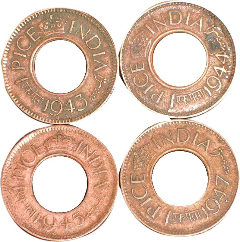 PMW 1943 - 1944 -1945 & 1947 ONE Pice Hole Copper Coin - Total 4 Coins - Chilikkana Ancient Coin Collection(4 Coins)