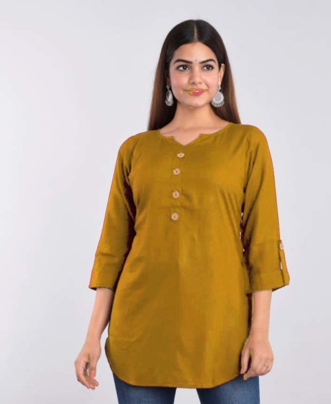 Netra Fashion Casual 3/4 Sleeve Solid Women Gold Top