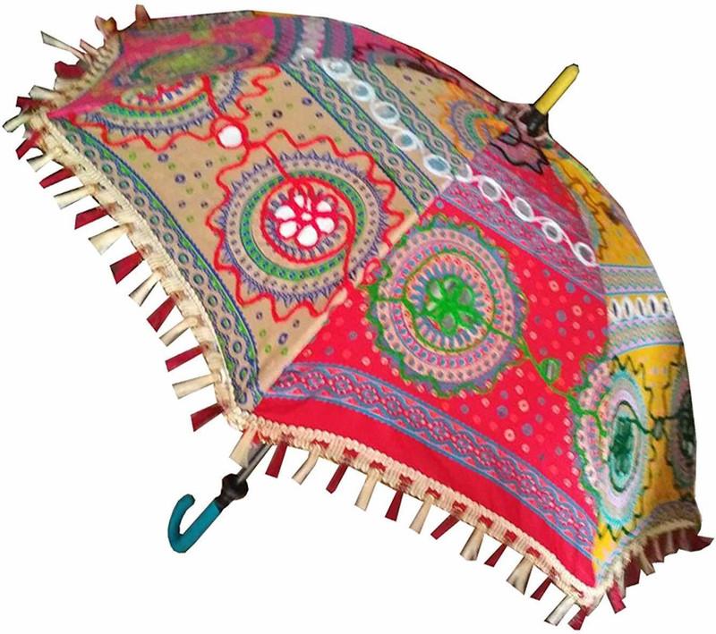 angora creations Trading Corporation Fabric Embroidered Rajasthani Umbrella Umbrella(Multicolor)