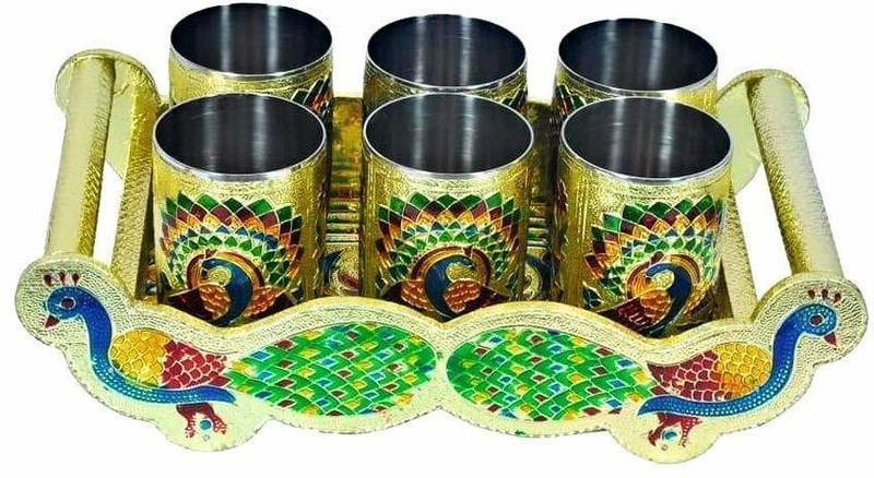 vedvit Serving Lemon Set Meenakari Peacock Shape Handle With Tray Glass Set Glass Tray Set(Wooden, Stainless Steel)