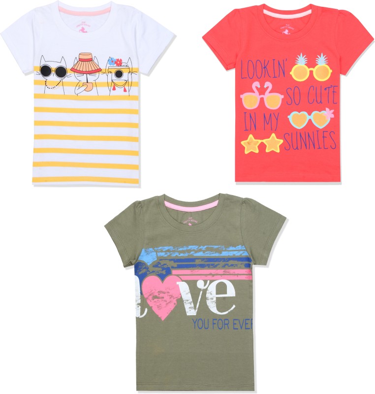 YUV Girls Printed Cotton Jersey T Shirt(Multicolor, Pack of 3)