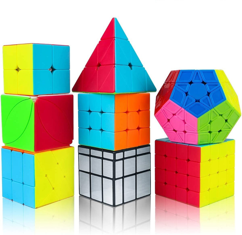 Authfort Speed Cube Set, 8 Pack Magic Cube Bundle- 2x2 3x3 4x4 , Pyramid, pentagon, silver mirror, leaf, windmill Stickerless Cube Puzzle Collection(8 Pieces)