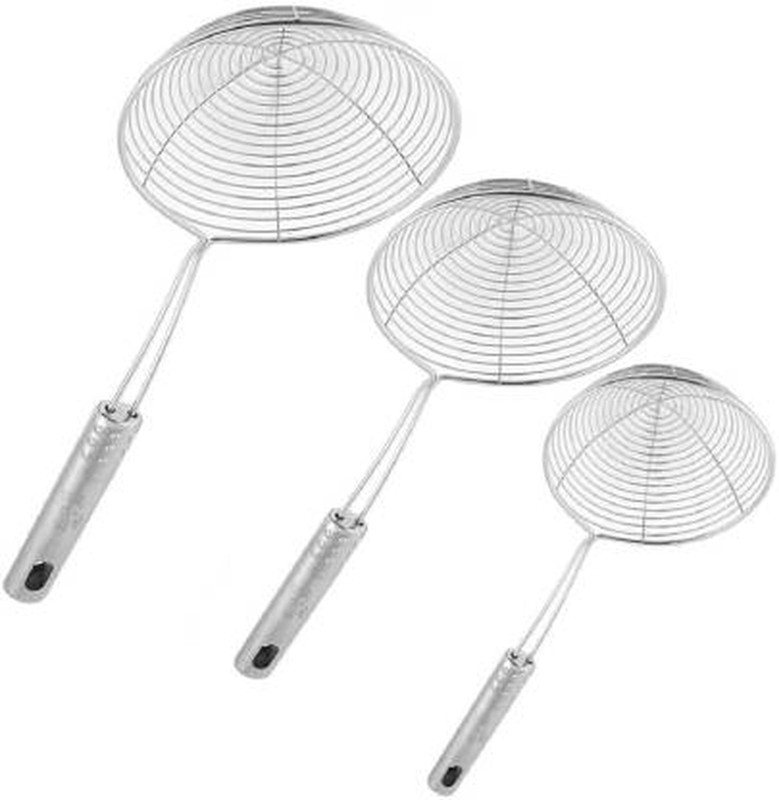 WokHouse Premium Quality Stainless Steel Deep Fry Strainer Wire Skimmer with Spiral Mesh, Professional Grade Handle Skimmer Spoon/Ladle for Spaetzle Strainer(Steel Pack of 3)
