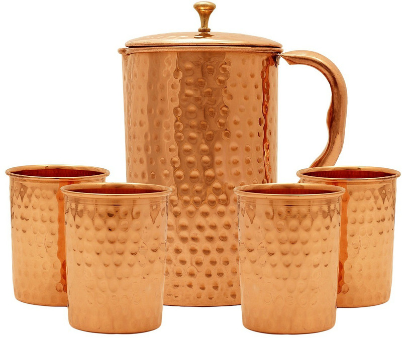 IndianArtVilla Hammered Copper Jug Pitcher With 4 Glass Tumbler, Drinkware & Serveware, 5 Pieces, Copper, Brown Jug Glass Set(Copper)