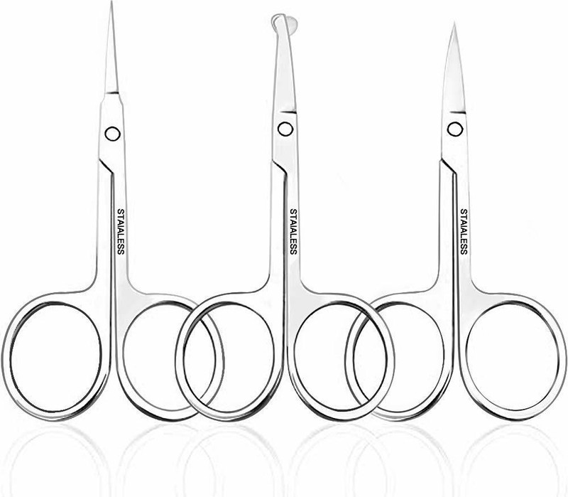 Red Square Nose Hair Scissors 3 Pcs Curved And Rounded Eyebrows Facial Hair Scissors For Men Moustache Scissor Beard Trimming Scissors Safety Use For Eyebrows, Eyelashes, Nose And Ear Hair Scissors(Set of 3, Silver)
