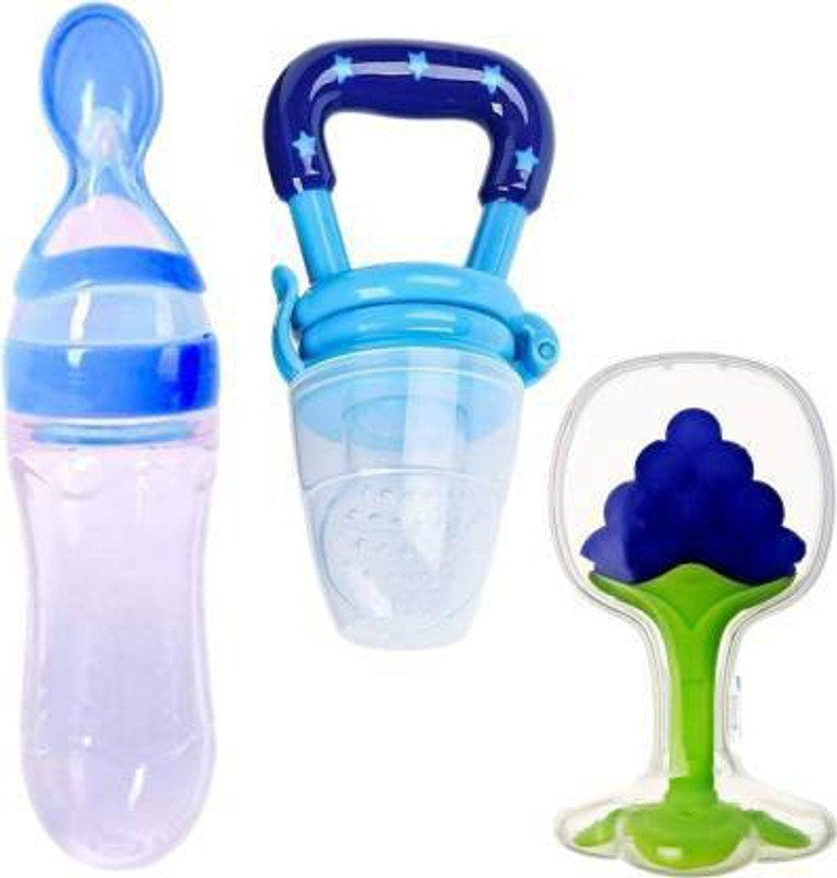 SoleSky Infant Baby Squeezy Food Grade Silicone Bottle Feeder & Fruit Shape Silicone Teether with Fruit Pacifier (Squeezy Feeder + Pacifier + Teether ) (Pack of 3)  - Silicone(Multicolor)
