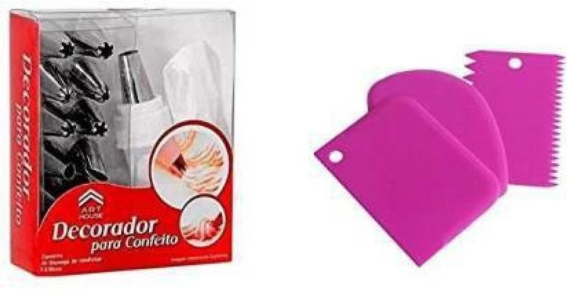 YS Creation Combo 12 Piece Cake Decorating Set Frosting Icing Piping Bag Tips with Steel Nozzles. Reusable & Washable + 3 pc Scrapper Kitchen Tool Set(Baking Tools)