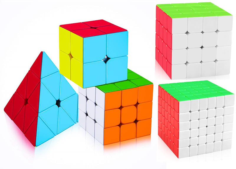 Authfort Speed Cube Bundle 2x2 3x3 4x4 5x5 Pyramid Speed Cube Set Pack Stickerles Brain Teaser Puzzle Toy Set of 5 cube combo(5 Pieces)