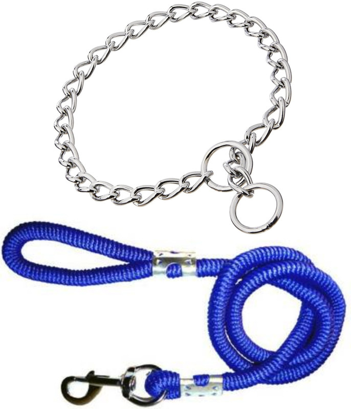 S.Blaze Dog Belt Combo of 17 inch Dog Choke Chain with Blue Lead Specially for Small Breed Dog Collar & Leash(Small, 17 inch Choke Chain & Blue Lead)