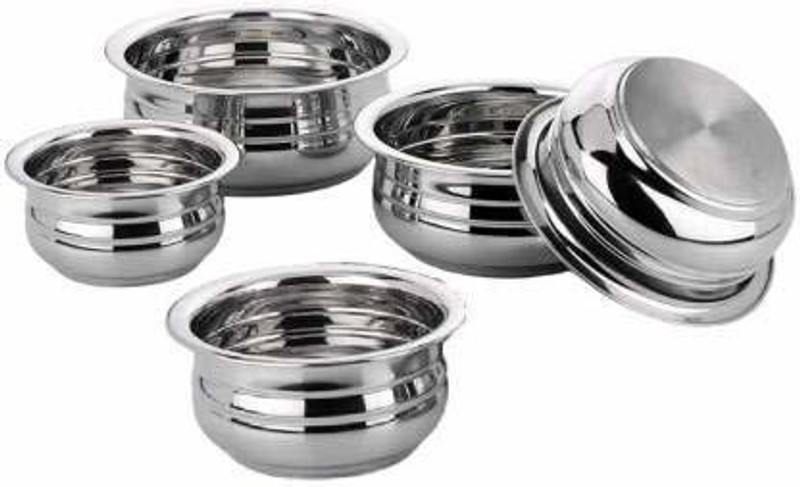 Nirvika Cookware set urli /biryani handi/tope/serveware/storeware steel handi set of 5 Piece 2.1 L, 1.6 L, 1.1 L, 0.8 L, 0.5 L (Gas and Induction compatible Stainless Steel, Non-stick) Cookware Set (Stainless Steel, 5 - Piece) Cookware Set(Stainless Steel, 5 - Piece)