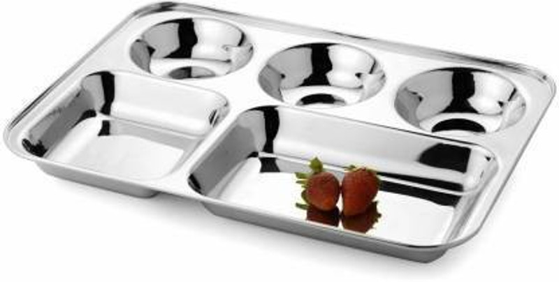 pl trades P.L Trades Stainless Steel Bhojan Thali Square Extra Deep 5 Section Compartment Dinner Plate Silver (1) Dinner Plate | Dinner Plate Sectioned Plate