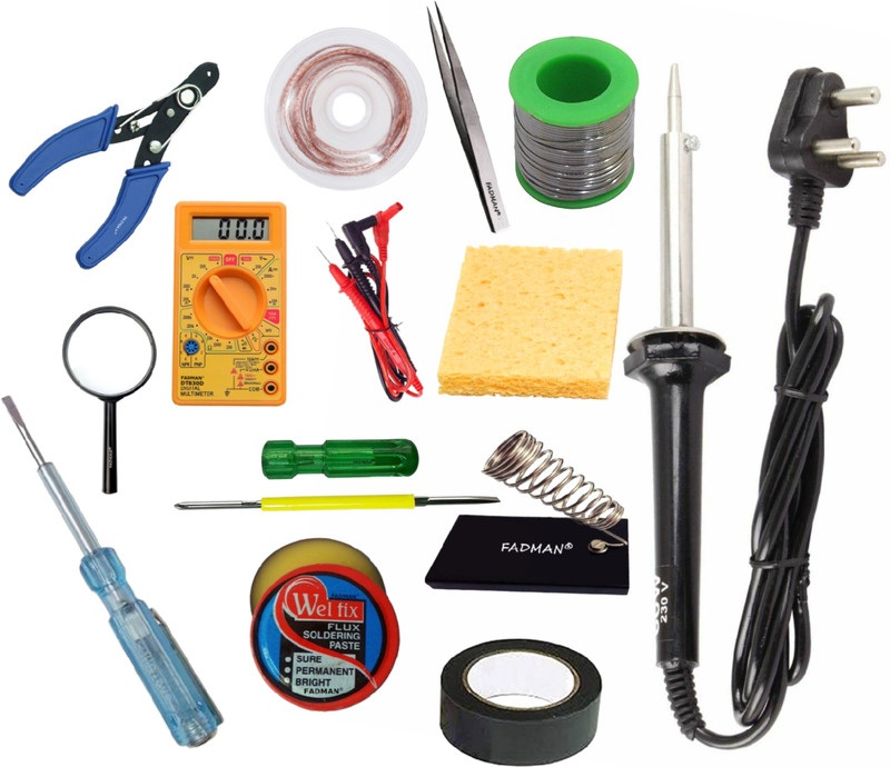 FADMAN SOLDERING IRON 60W (BLACK) | SOLDERING PASTE FLUX | SOLDER WIRE | SOLDERING IRON STAND | SPONGE | 2 IN 1 SCREW DRIVER | DESOLDERING WICK | TWEEZER | MAGNIFYING GLASS | WIRE CUTTER | TESTER | HARDWARE TAPE | DIGITAL MULTIMETER | 60 W Simple(Flat Tip)