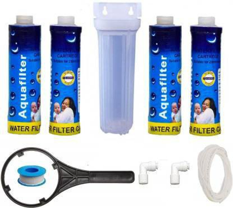 ENRIC Prefilter set kit for all domestic RO water purifier,Complete filter set Pack of (White Prefilter Housing with 2 pcs candle filter 9inche wrench, elbows, Teflon and Pipe 2 meter 1,4) Solid Filter Cartridge(0.005, Pack of 8)