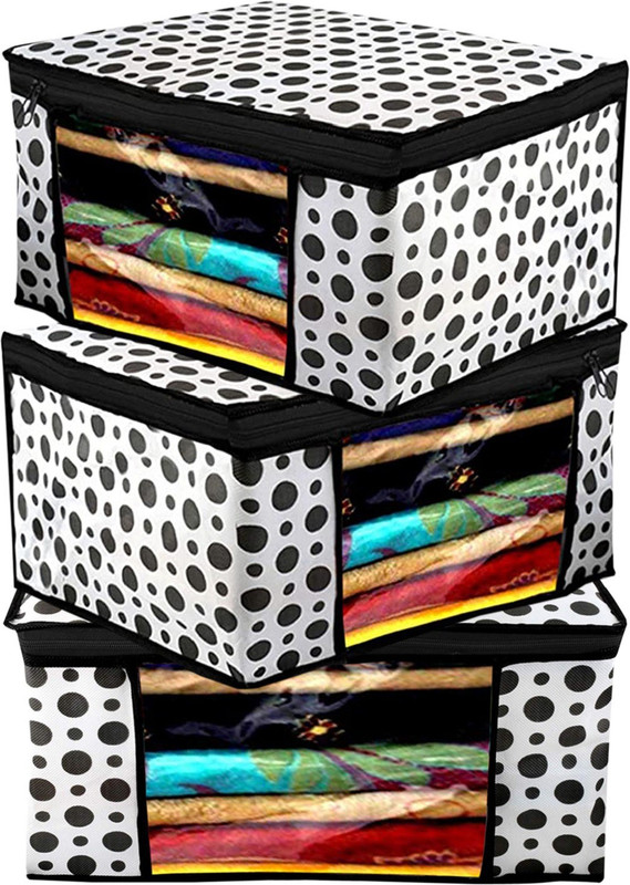KUBER INDUSTRIES Designer Polka Dots Printed 3 Pieces Non Woven Fabric Saree Cover/Clothes Organiser for Wardrobe Set with Transparent Window, Extra Large (Black & White)-KUBMART2794 KUBMART02794(Black & White)