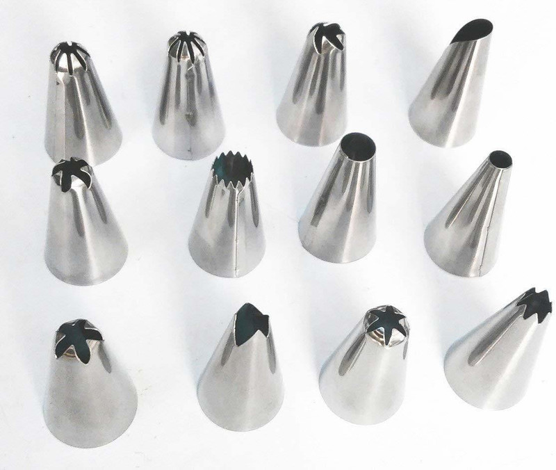 S M CREATION Cakeware 12 Piece Cake Decorating Set Frosting Icing Piping Bag Tips with Steel nozzles. Reusable & Washable Stainless Steel Wavy Icing Nozzle(Silver Pack of 12)