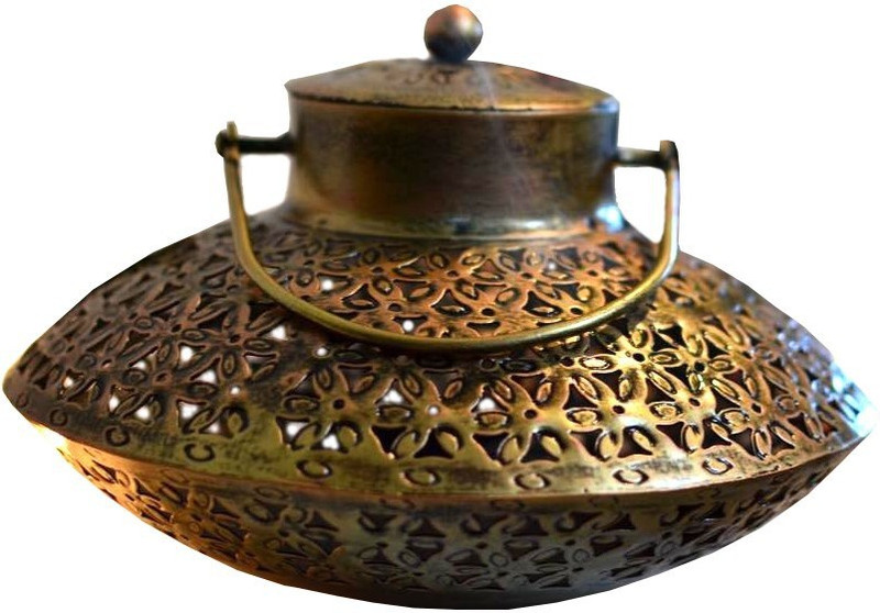 MOZO HUB Antique Gold Metal Degchi pattern Dhuni/Tea light Lantern 23 CM Gold Metal Hanging Lantern(16 cm X 23 cm, Pack of 1)