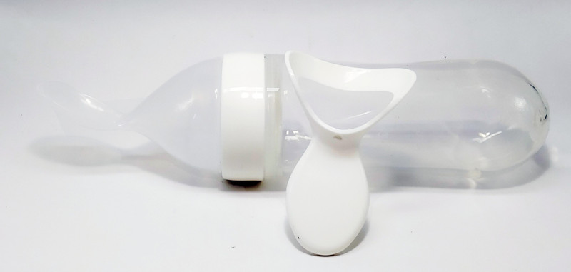 Rahithya Food Grade Silicone Feeder Bottle with Spoon  - 90 ml Edgeless Plastic Spoon, BPA Free(White, Clear)