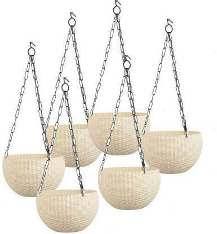 Ramanuj 8.26" Round 6 pcs Euro Flower Rattan Hanging Planter/Beautiful Round Gamla Pot/Flower Hanging Pot with chain for Garden Balcony and Terrace For Indoor/Outdoor Home Decor Pots Plant Container Set(Pack of 6, Plastic)