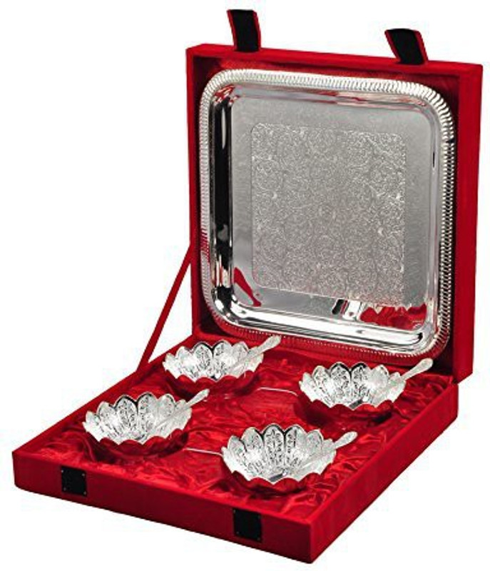 GIFTCITY German Silver Plated Bowl Set (Hand Work) With Embossed Tray Bowl, Spoon, Tray Serving Set(Pack of 9)