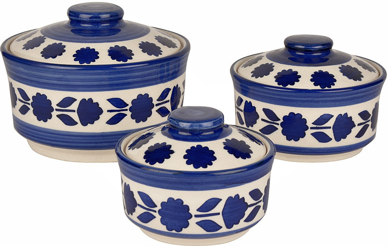 StyleMyWay Studio Pottery Handpainted Ceramic Serving Donga with Lid Casserole Set (Set of 3, White and Blue) | Dinner Serving Set | Pack of 3 Serve Casserole Set(900 ml, 500 ml, 300 ml)