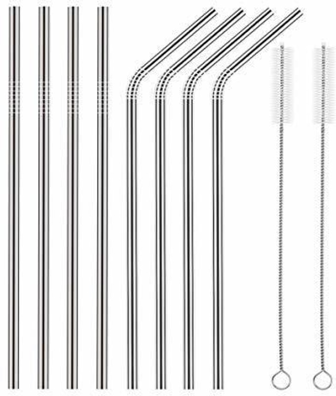 Pyarana Straws for Drinking with Brushes (4 Bent + 4 Straight + 2 Brushes) Kitchen Tool Set(Silver, Brush)