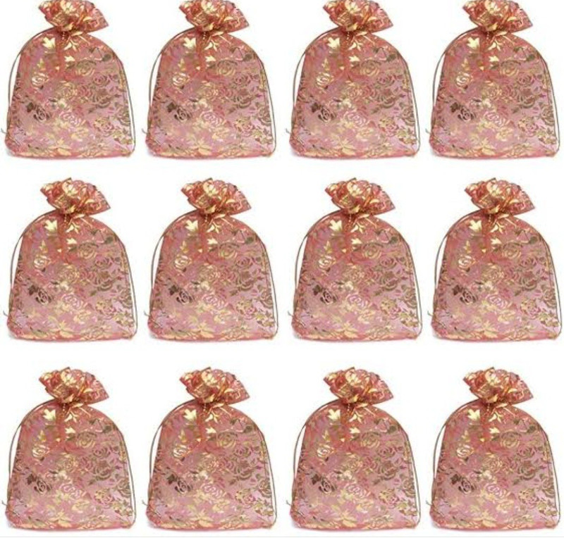 IBDA 12 Pieces of Red and Gold Sheer Organza Gift Bags, Transparent, Attractive, Potli / Pouches, Draw String Bags. Potli(Pack of 12)