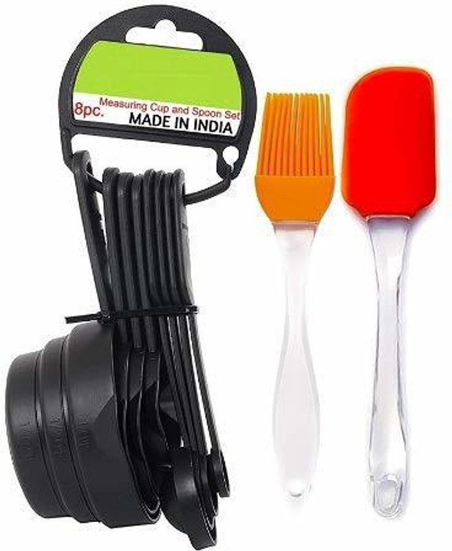 H&M Store Popular Combo - Food Grade 8Pcs Black Measuring Cups and Spoons Set, Silicone Series Spatula and Brush Set (Made in India) Kitchen Tool Set(Multicolor, Baking Tools)
